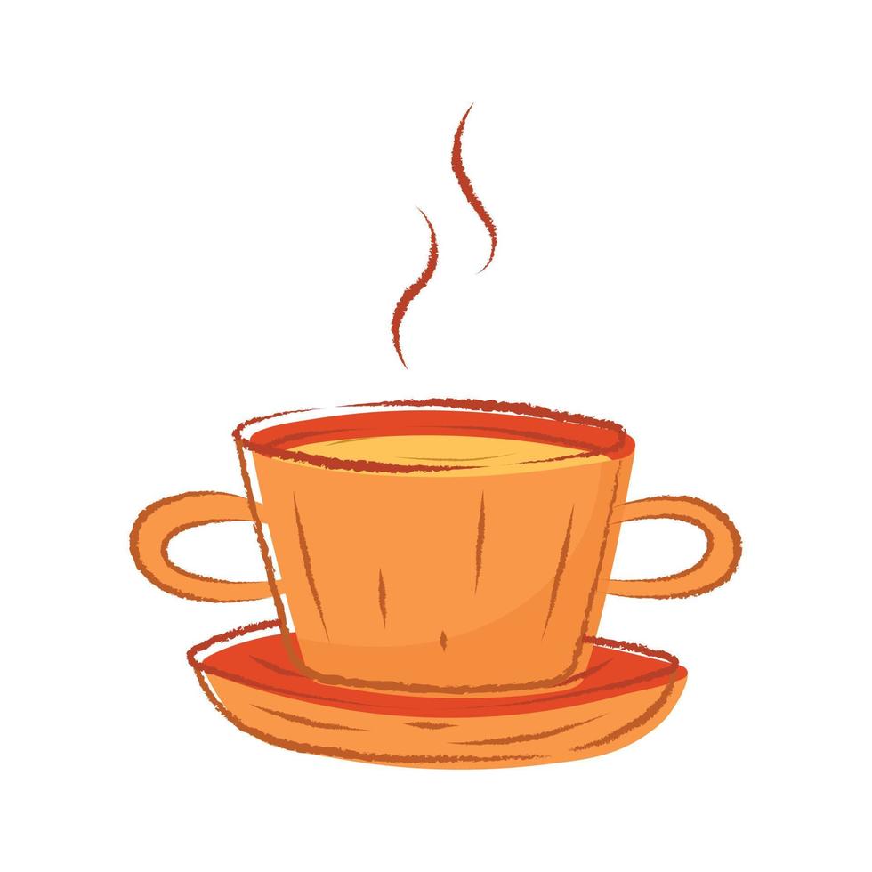 vektorisolierte gekritzelillustration einer tasse heißen kaffees oder tees auf einer untertasse. vektor