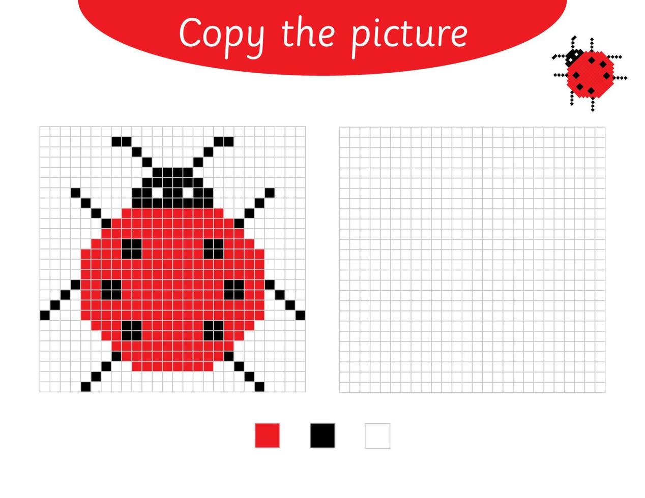 kopia de bild kalkylblad för ungar. nyckelpiga pixel konst. pedagogisk spel för ungar. insekt färg. skola Resurser vektor