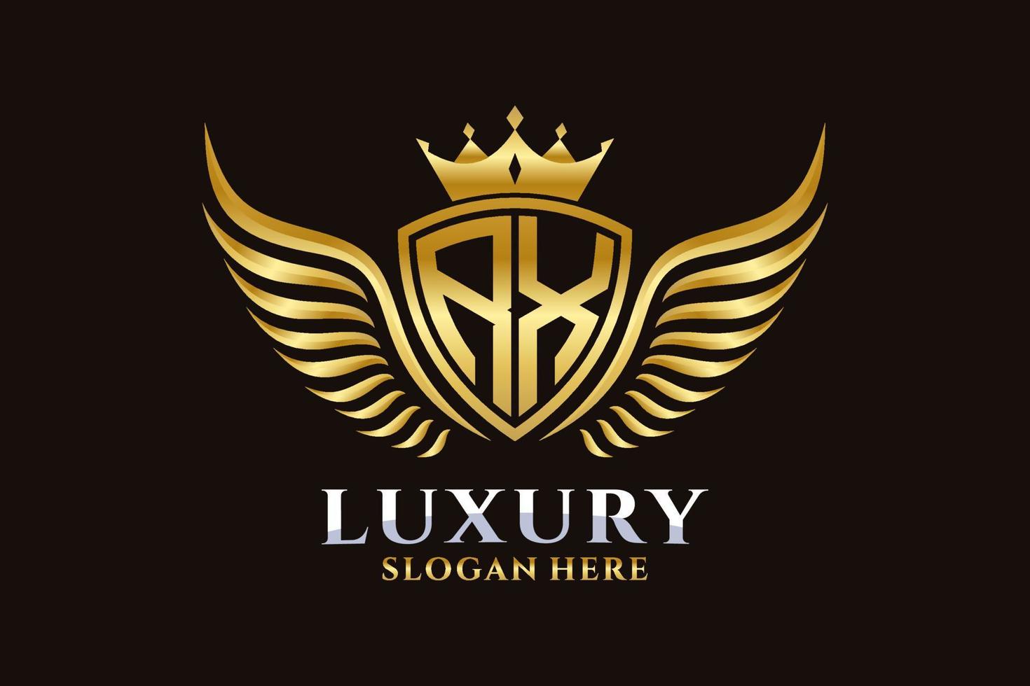 luxus königlicher flügelbuchstabe rx wappengoldfarbe logovektor, siegeslogo, wappenlogo, flügellogo, vektorlogovorlage. vektor