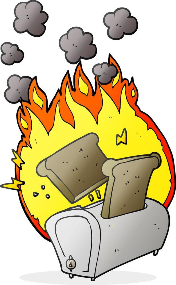 freihändig gezeichneter Cartoon brennender Toaster vektor