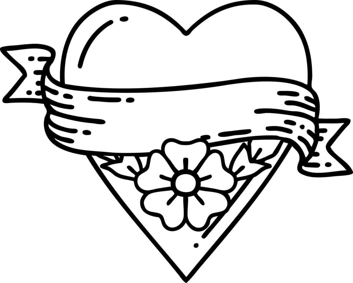 Tätowierung im schwarzen Linienstil einer Herzblume und eines Banners vektor