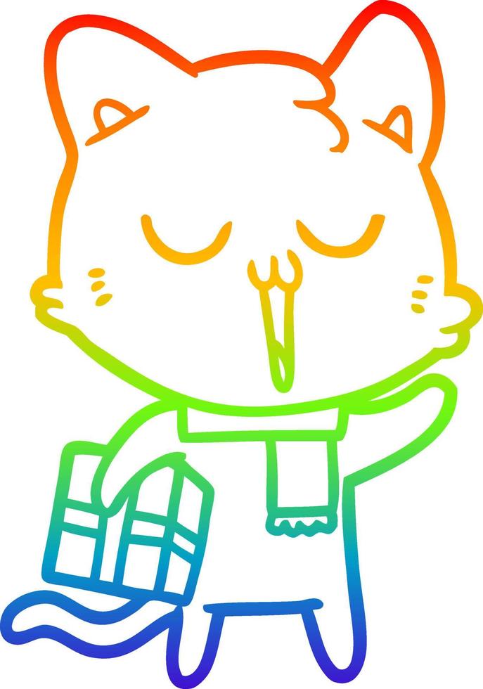 Regenbogen-Gradientenlinie Zeichnung Cartoon-Katze mit Geschenk vektor