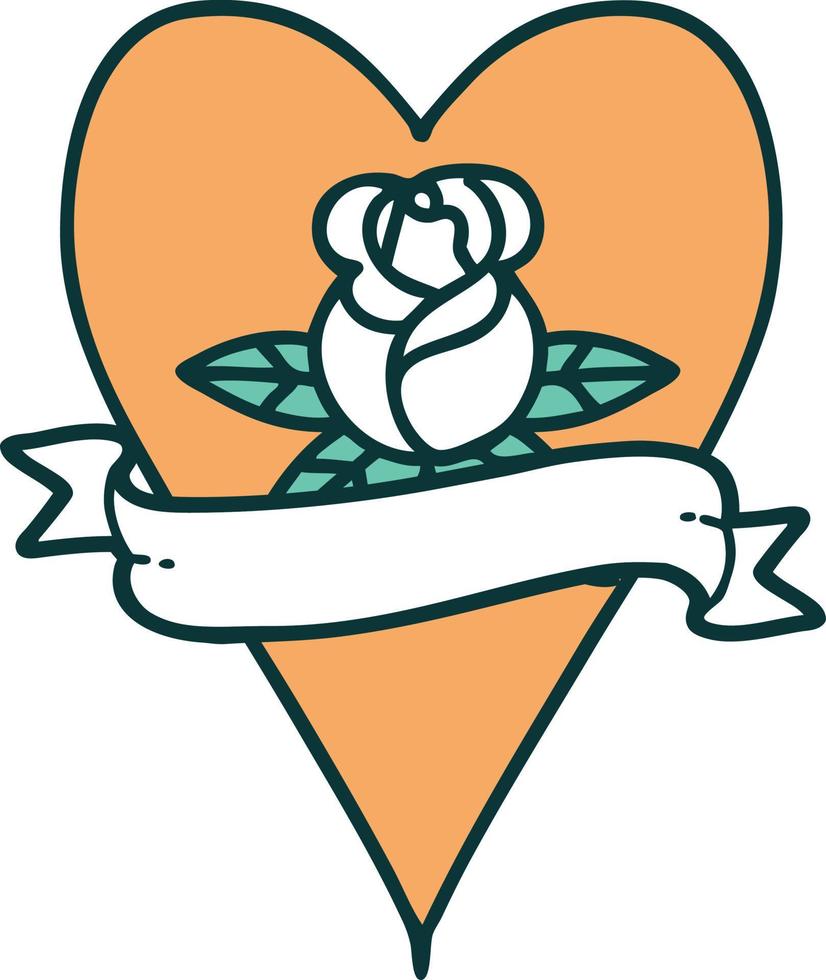 ikonisches Bild im Tattoo-Stil einer Herzrose und eines Banners vektor