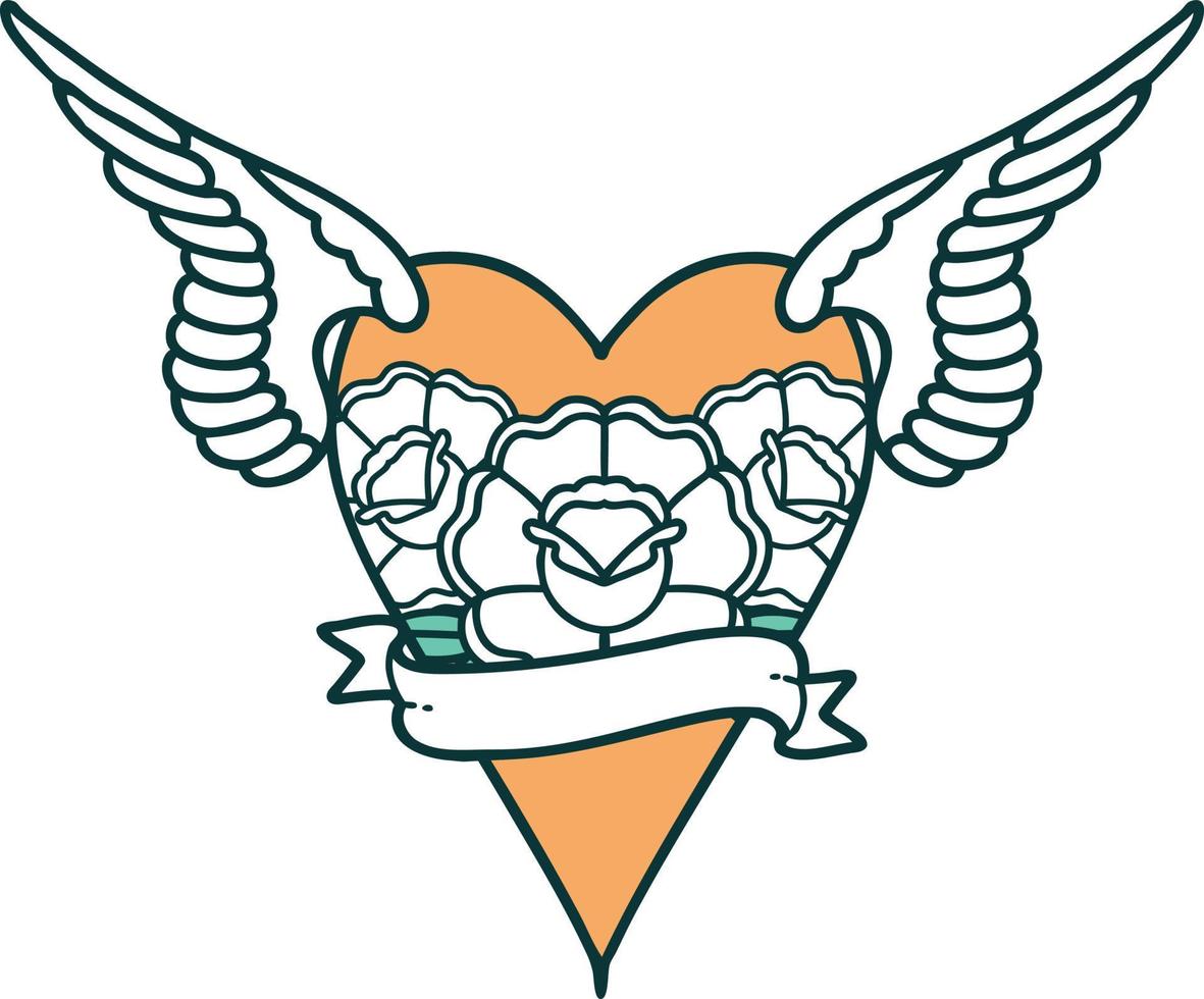 ikoniska tatuering stil bild av en flygande hjärta med blommor och baner vektor