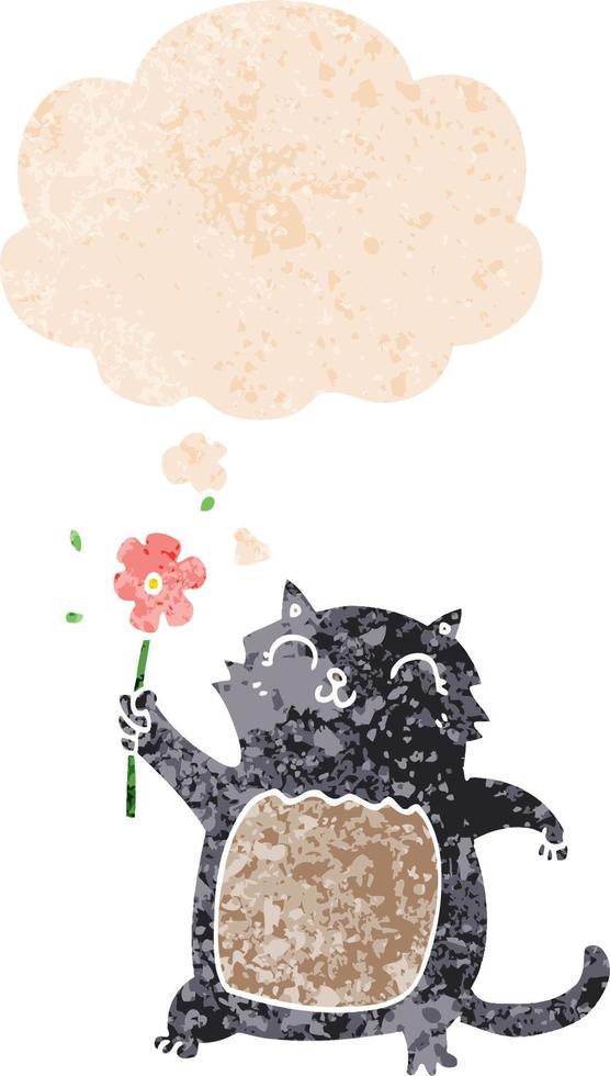 tecknad serie katt med blomma och trodde bubbla i retro texturerad stil vektor