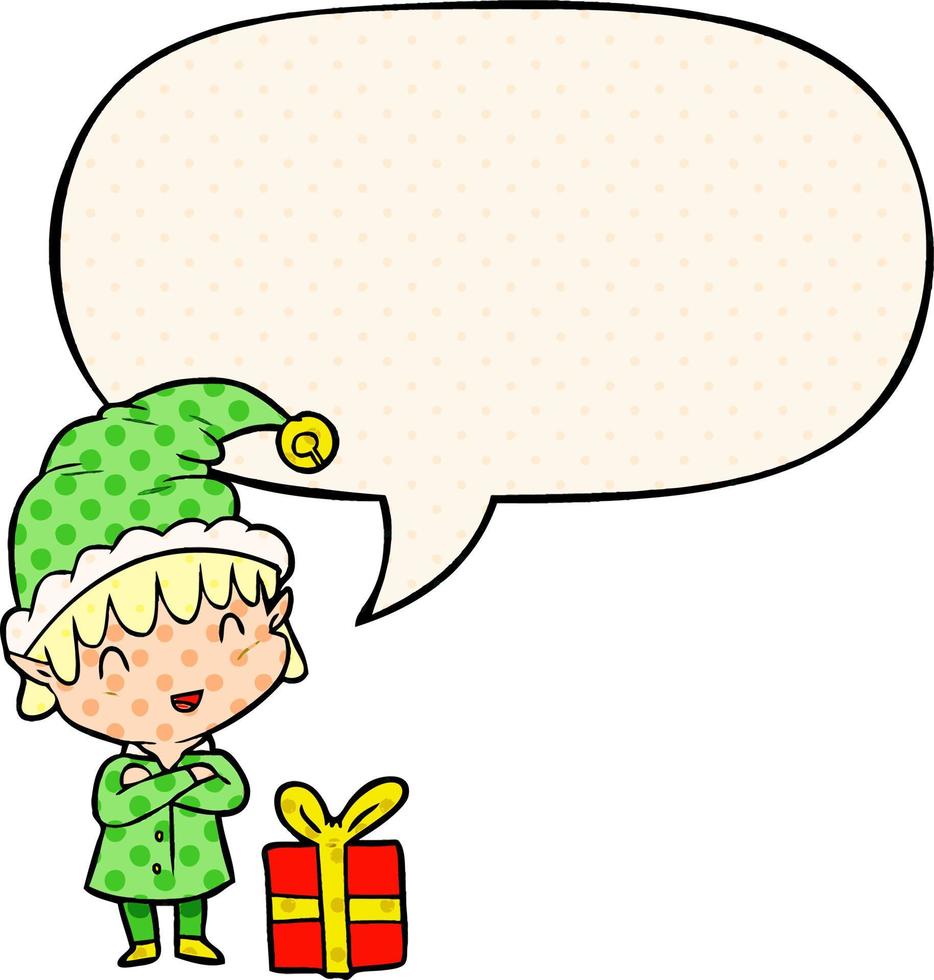 Cartoon Happy Christmas Elf und Sprechblase im Comic-Stil vektor