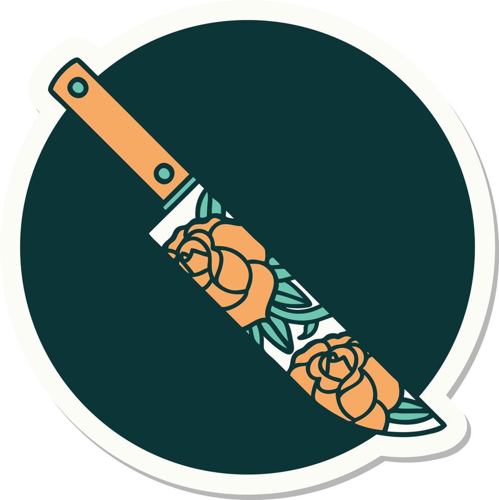 klistermärke av tatuering i traditionell stil av en dolk och blommor vektor