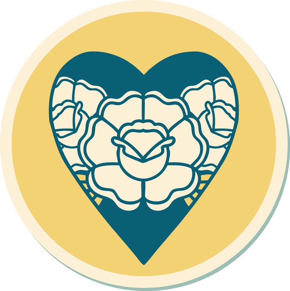 klistermärke av tatuering i traditionell stil av en hjärta och blommor vektor