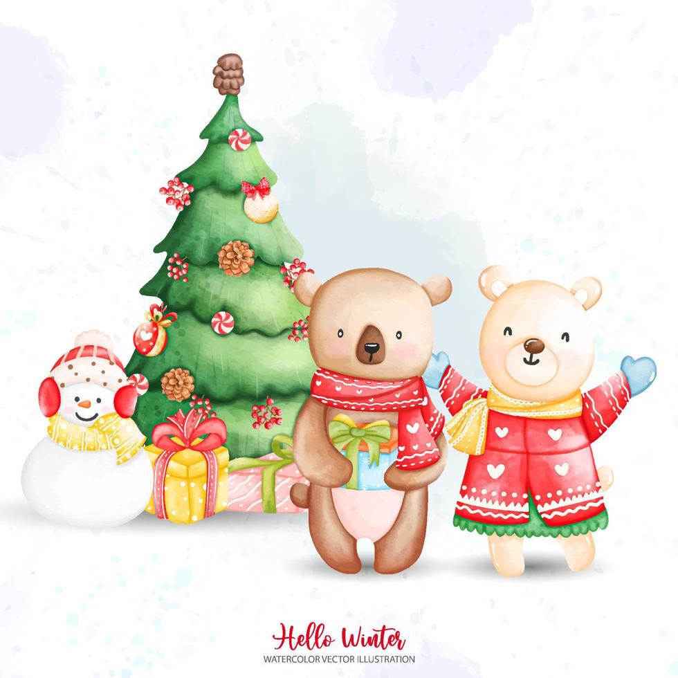 aquarell weihnachtstiere. Weihnachtsbär und Schneemann mit Weihnachtsbaum. Vektorillustrationen vektor