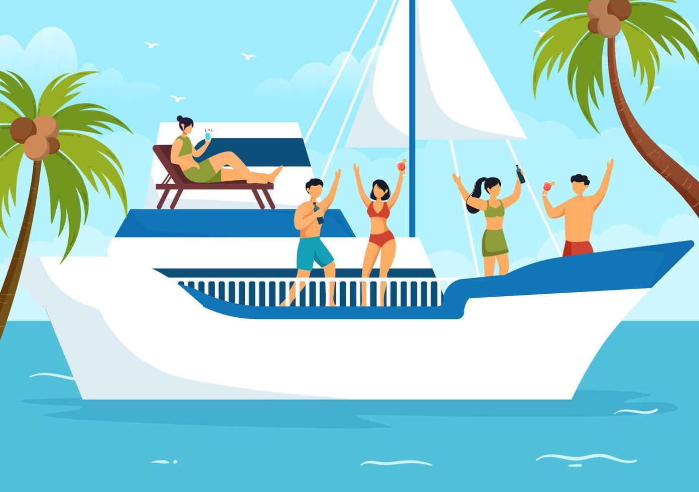 yachtschablone handgezeichnete flache illustration der karikatur mit menschen, die tanzen, sonnenbaden, cocktails trinken und sich auf einer kreuzfahrtyacht am ozean entspannen vektor