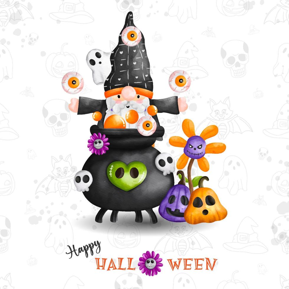 halloween tomte, vattenfärg illustration. gnome på trollkarl halloween kläder. magi halloween vektor