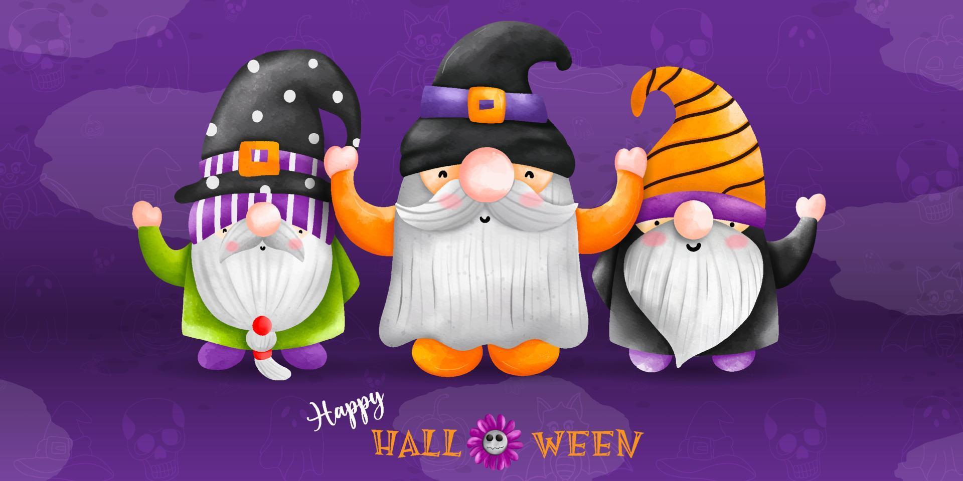 halloween-zwerg, aquarellillustration. drei Gnome - Zwerg auf Halloween-Kleidung vektor