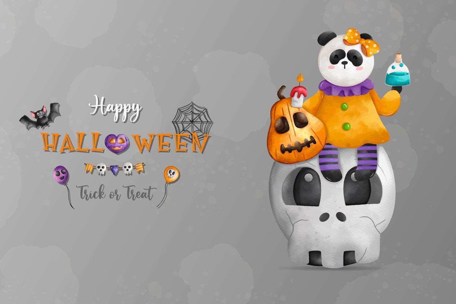 Fröhliches Halloween, Trick und Triat. 31. Okt. Panda-Hexe auf dem Schädel. Halloween-Tierurlaub vektor