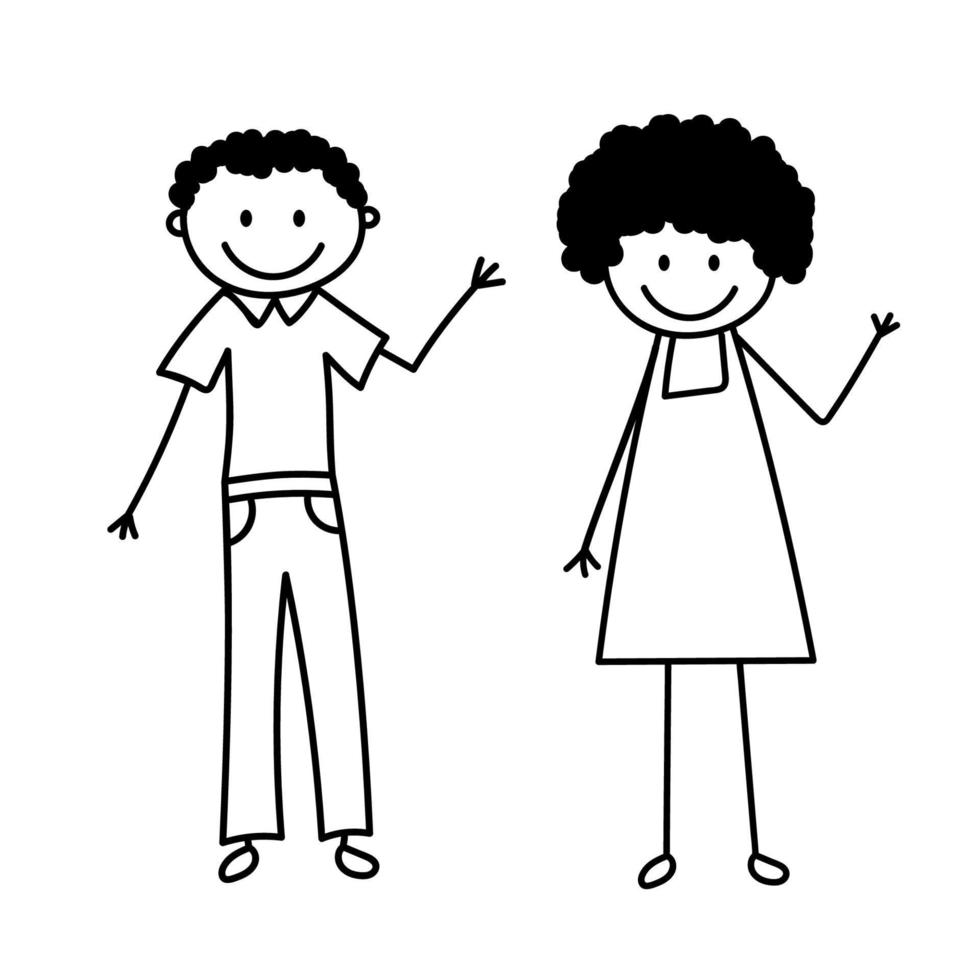 uppsättning av klotter siffror. söt pinne man och kvinna vinka hand. vektor illustration isolerat på vit