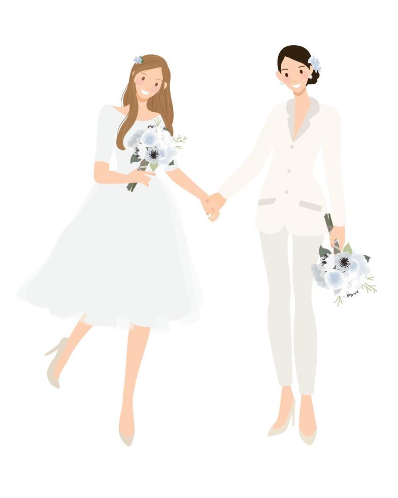 lesbiskt bröllopspar i vita kostymbyxor och bröllopsklänning håller händerna inbjudan layout vektor