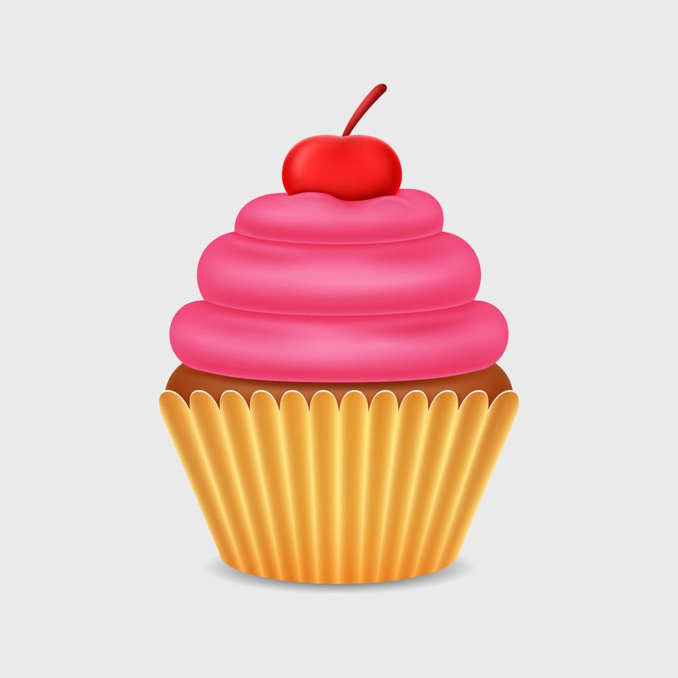 süße Erdbeer Cupcake mit Kirsche auf weißem Hintergrund vektor