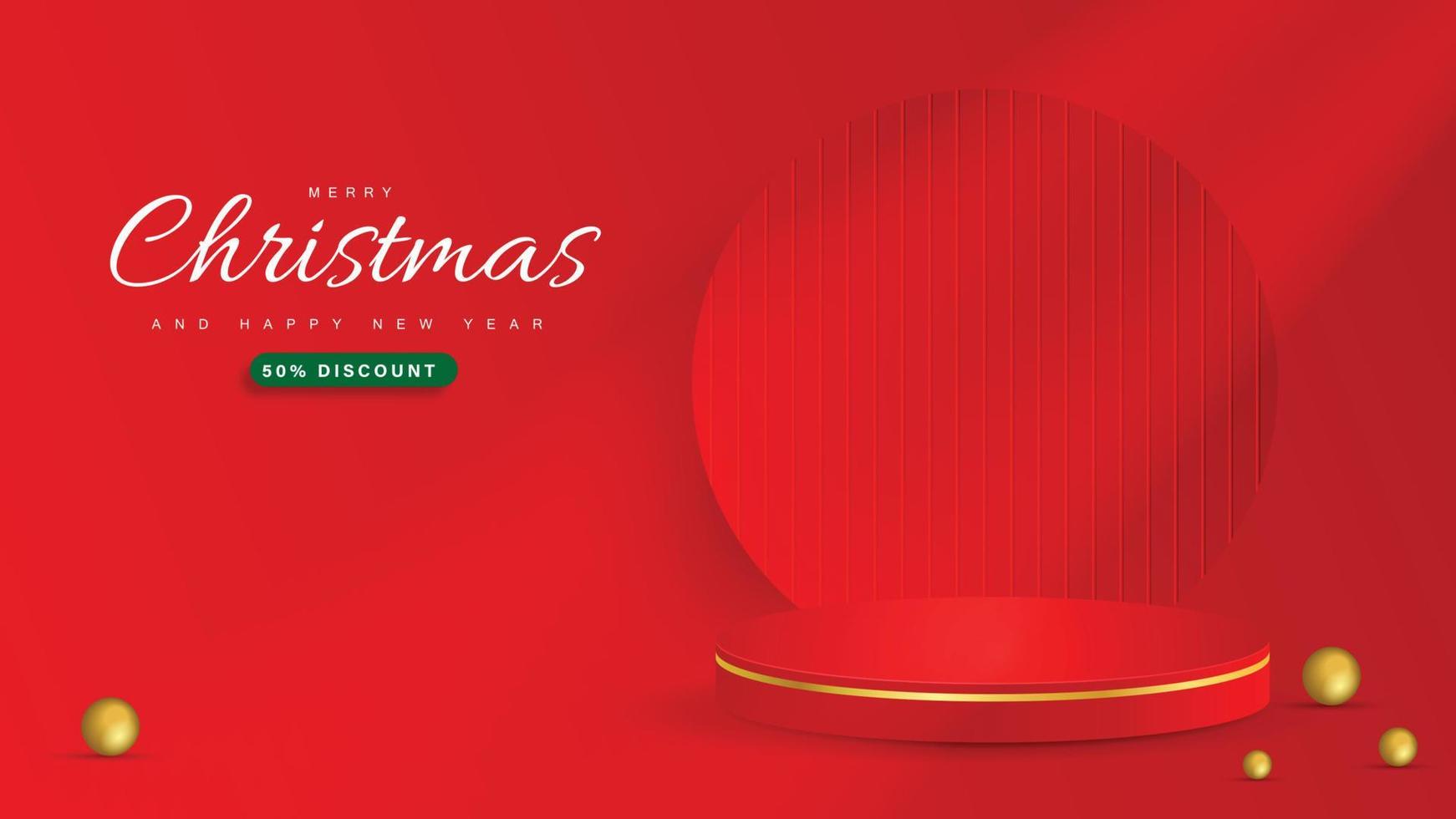 glad jul baner med produkt visa och minimal festlig dekorationer för jul röd bakgrund. vektor illustratör