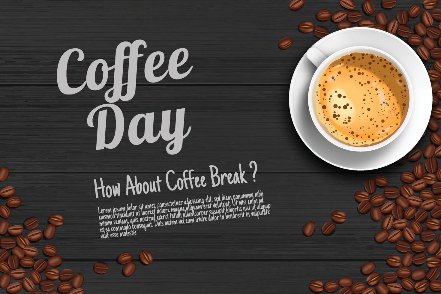 kaffeeanzeigen draufsicht schwarzer holztisch mit kaffeetasse und kaffeebohnen realistische 3d-illustration retro-stil. vektor