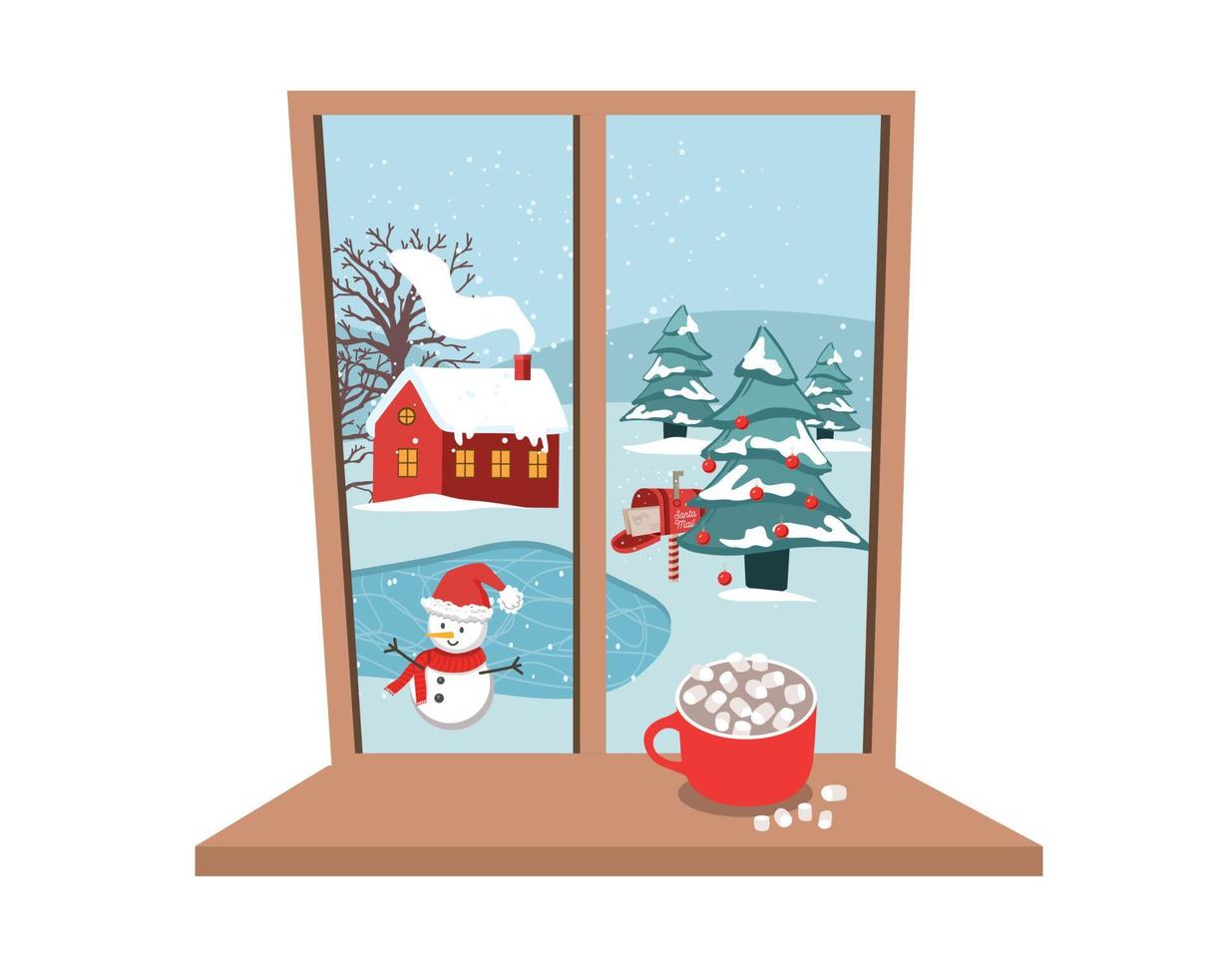 Winterfenster, Kaffeetasse auf der Schwelle. vektor