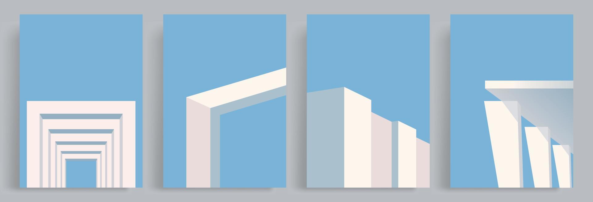 4 Sätze minimalistischer architektonischer Hintergründe. Vektor aus weißen Gebäuden, Pfosten, Toren und Zäunen. geeignet für Poster, Buchcover, Broschüren, Zeitschriften, Flyer, Booklets.