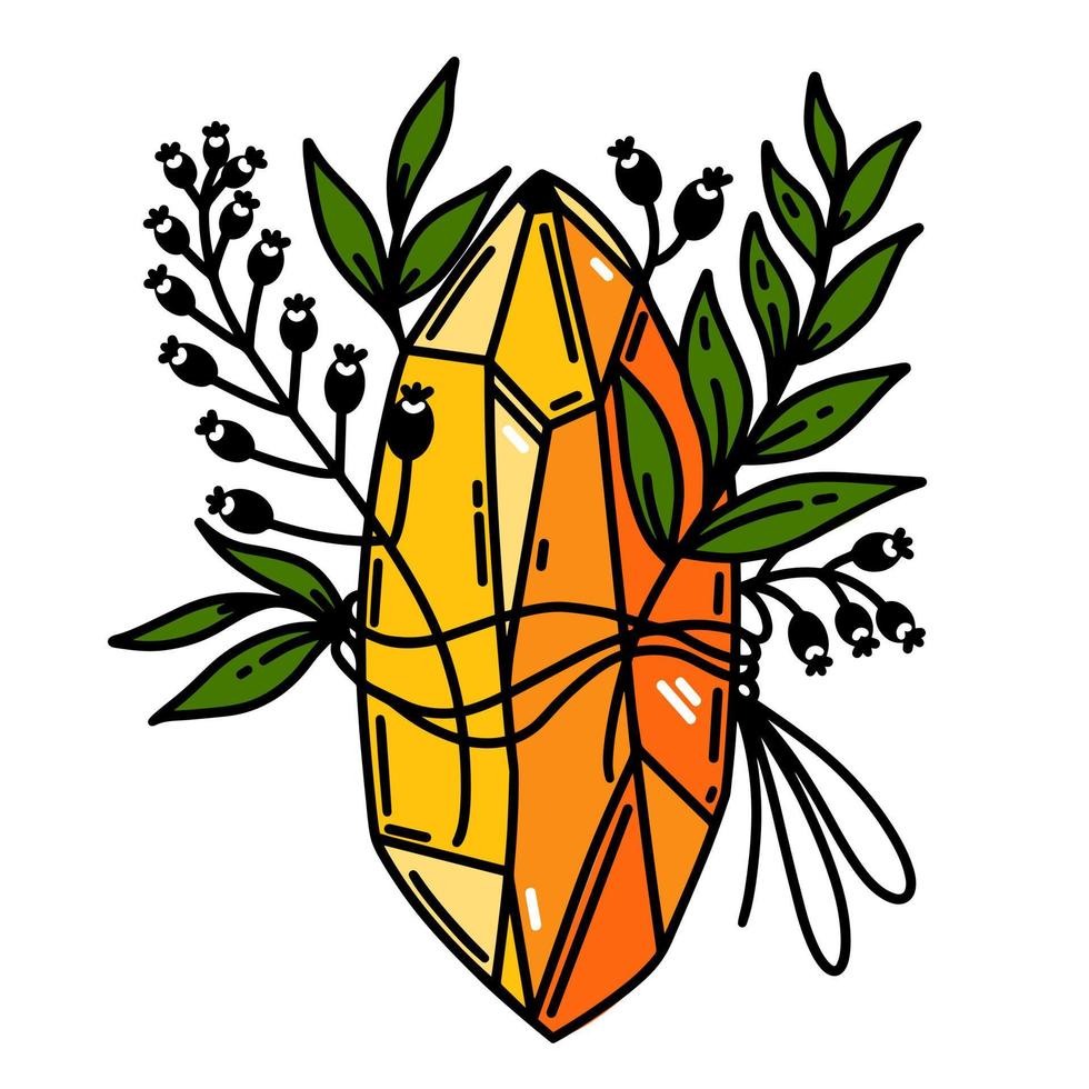 magisches Kristallvektorsymbol. Quarz, Zweige mit Blättern, Beeren. Himmelsprisma isoliert auf weiß. flache karikaturillustration. Symbol der Hexerei, des Okkultismus. clipart für web, kosmetik, spiel, druck vektor