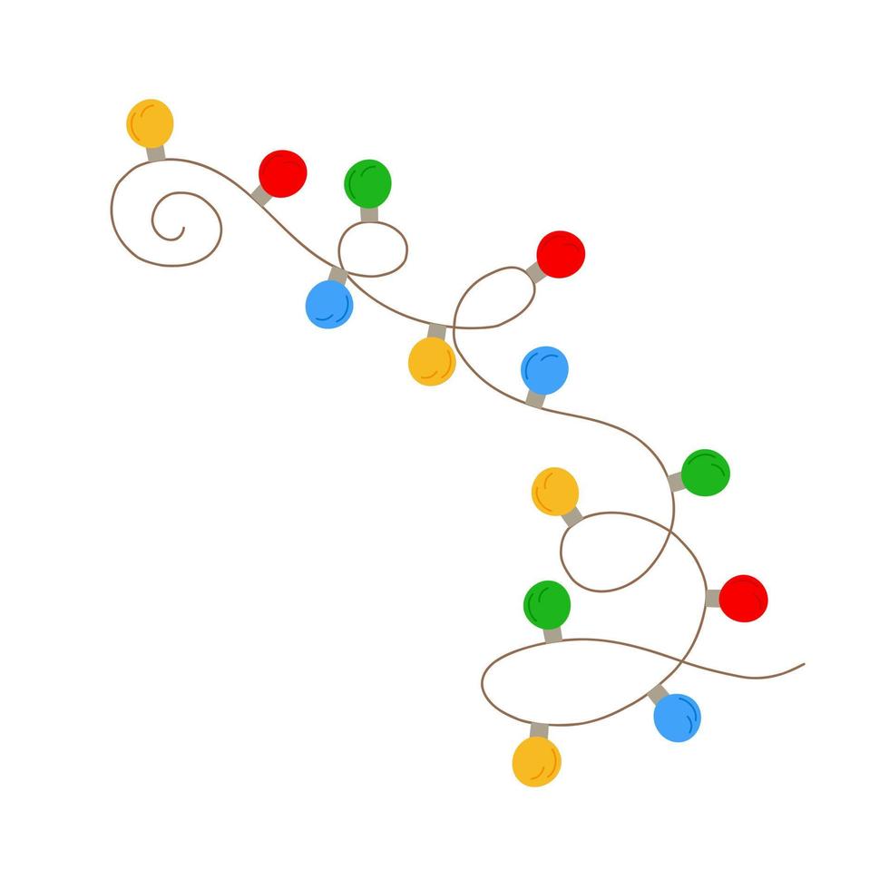 jul färgrik lampor lockigt sträng krans enkel klotter hand dragen vektor illustration, röd, blå, grön, gul platt stil bild för vinter- ny år Semester, födelsedag evenemang design
