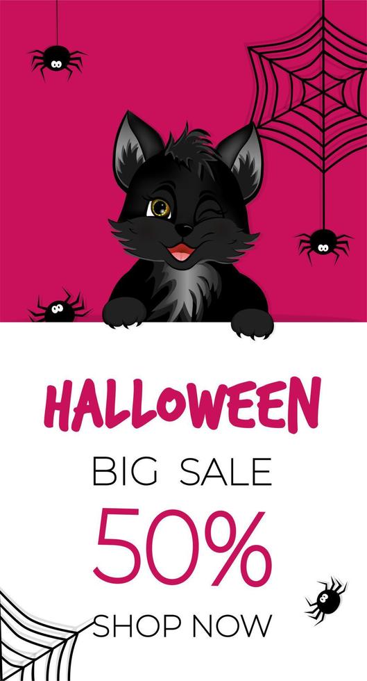 Lycklig halloween försäljning baner eller flygblad. söt svart kattunge med spindlar och spindelnät. vektor