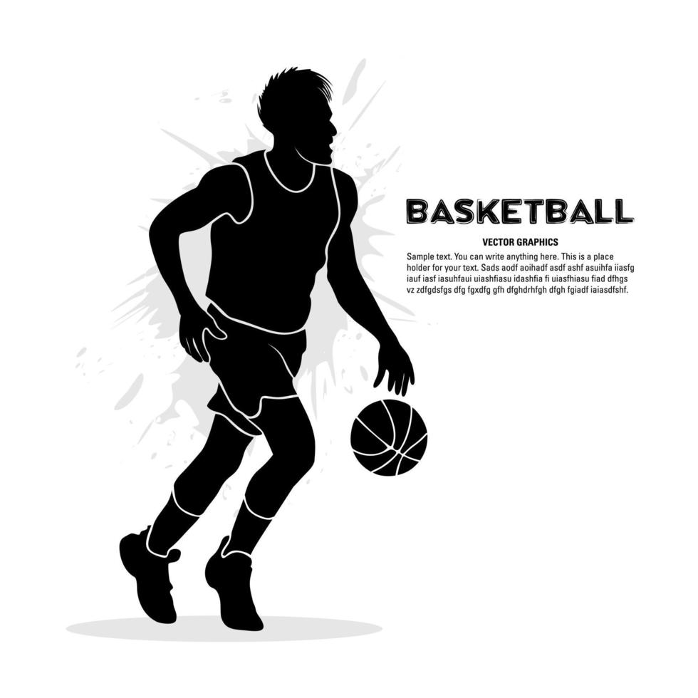Silhouette eines männlichen Basketballspielers, der einen Ball läuft und dribbelt vektor