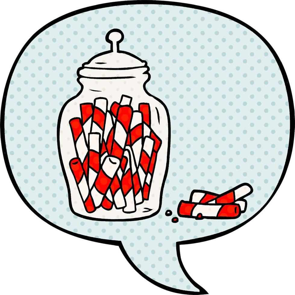 Cartoon traditionelle Süßigkeiten-Sticks im Glas und Sprechblase im Comic-Stil vektor