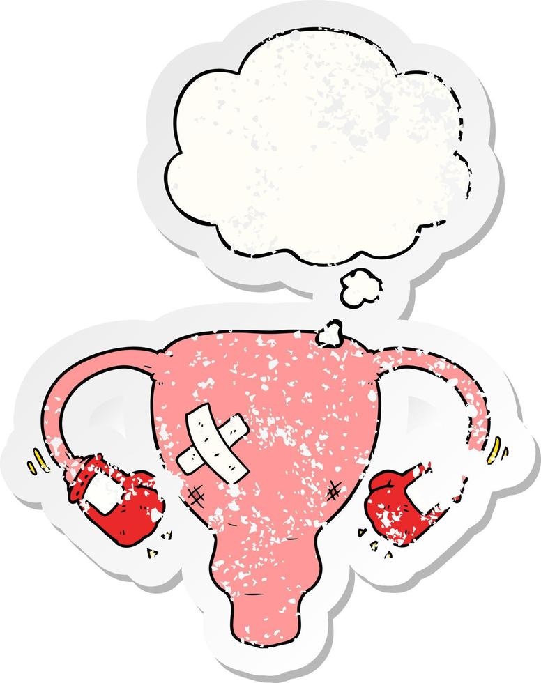 Cartoon-Uterus mit Boxhandschuhen und Gedankenblase als verzweifelter, abgenutzter Aufkleber verprügelt vektor