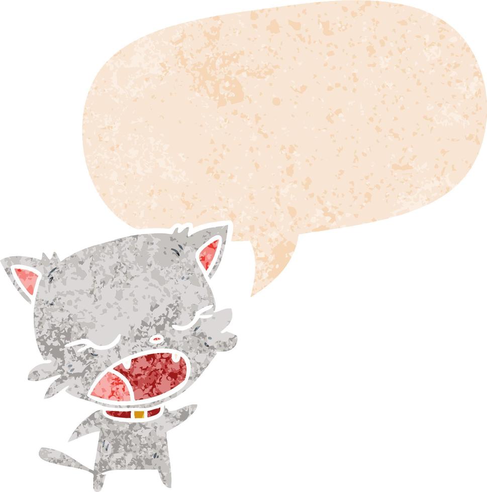 tecknad serie katt talande och Tal bubbla i retro texturerad stil vektor