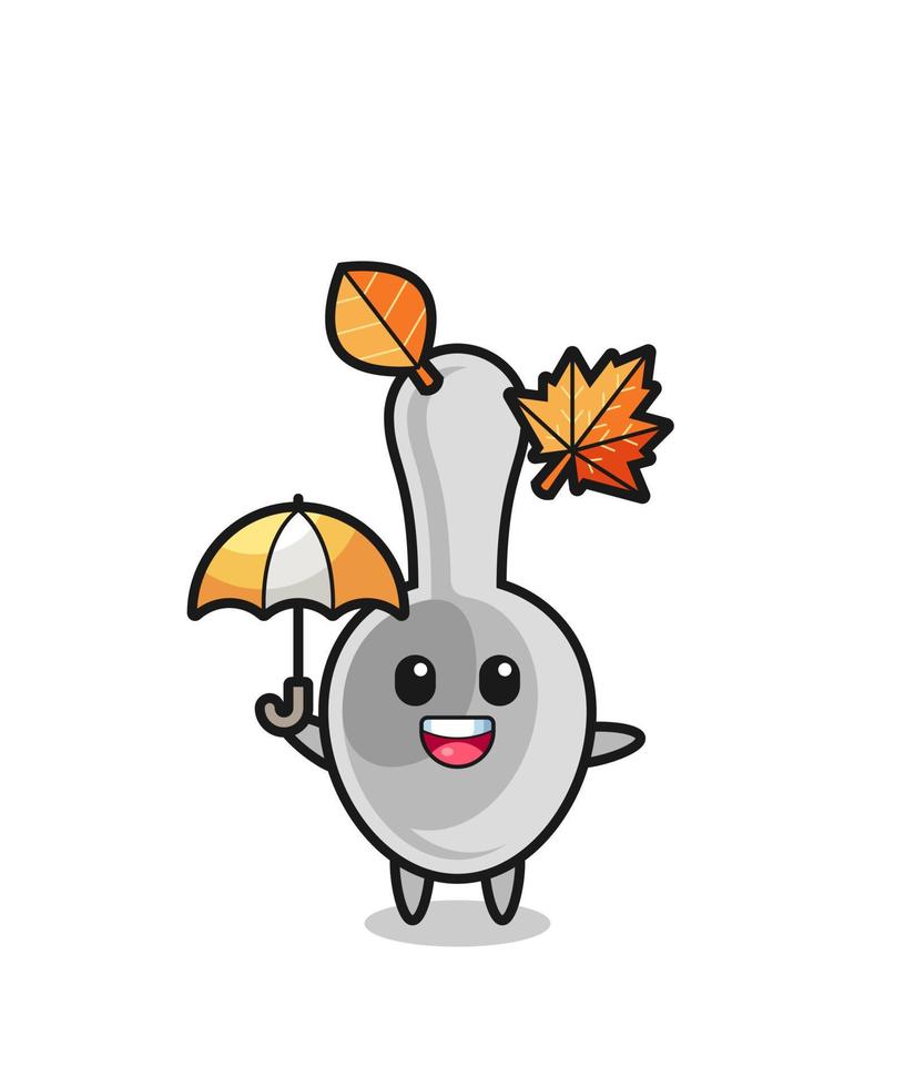 Cartoon des niedlichen Löffels, der im Herbst einen Regenschirm hält vektor