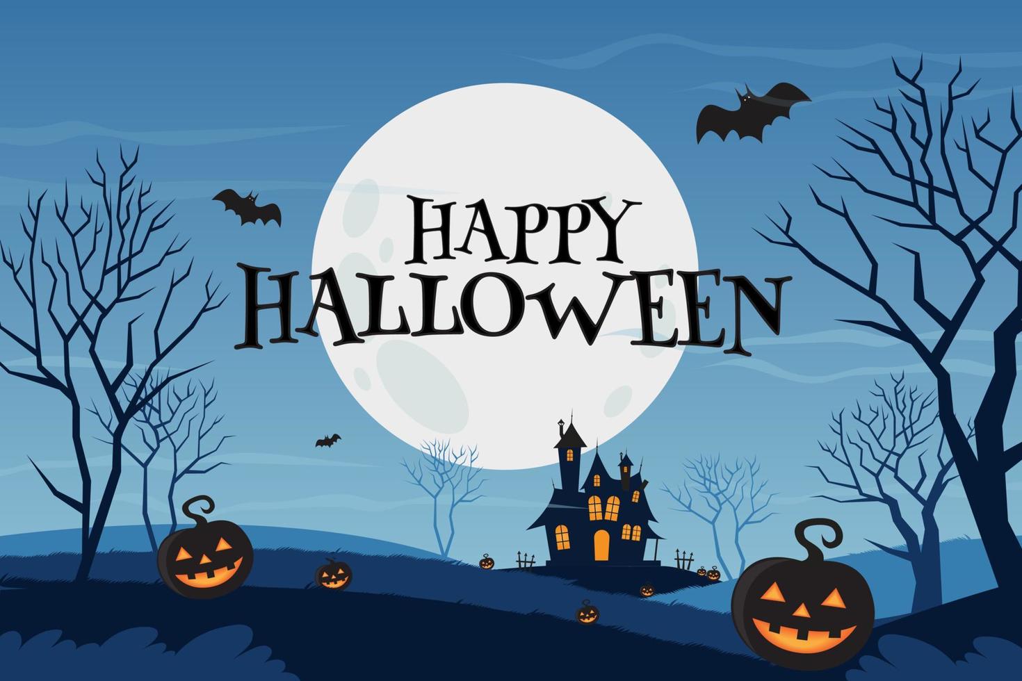 kuslig och skrämmande design illustration av halloween med pumpor, träd, myra och mörk herrgård på blå måne bakgrund. vektor