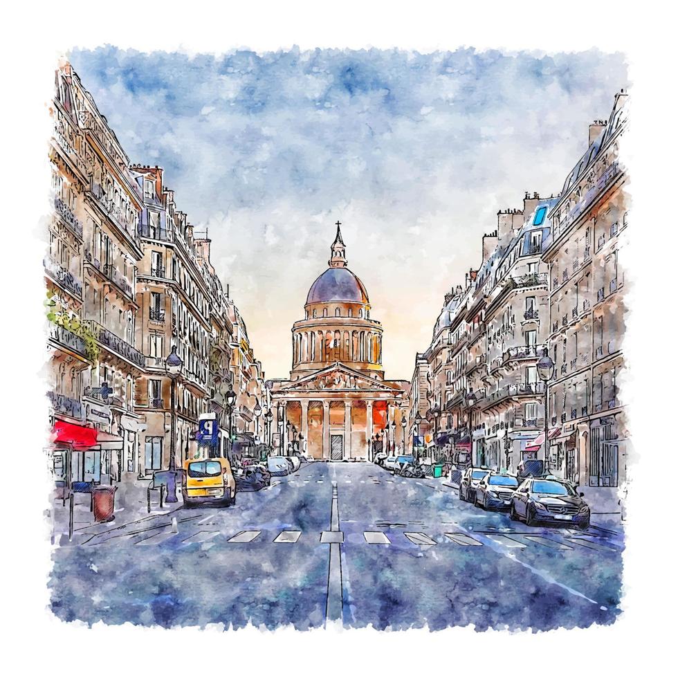pantheon paris frankreich aquarellskizze handgezeichnete illustration vektor