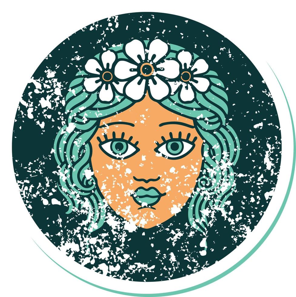 ikoniska bedrövad klistermärke tatuering stil bild av kvinna ansikte med krona av blommor vektor