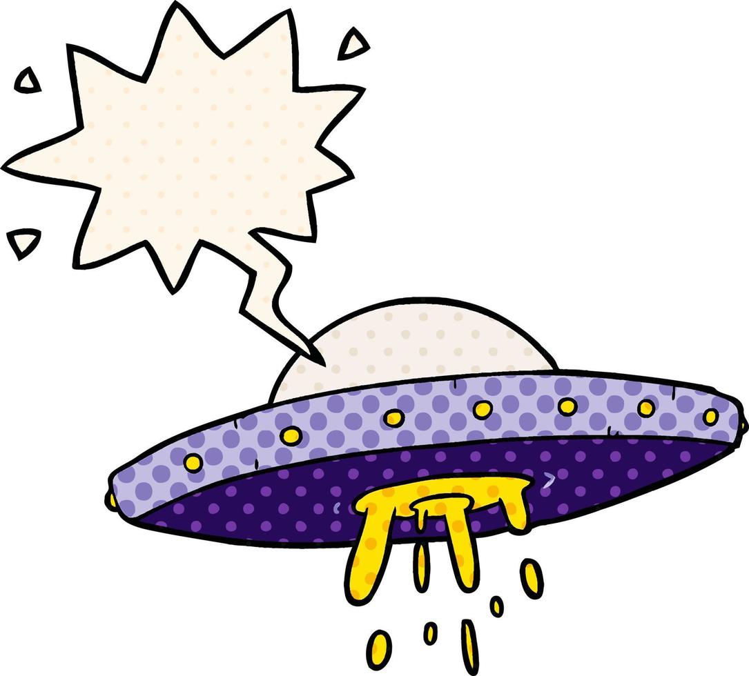 Cartoon fliegendes UFO und Sprechblase im Comic-Stil vektor