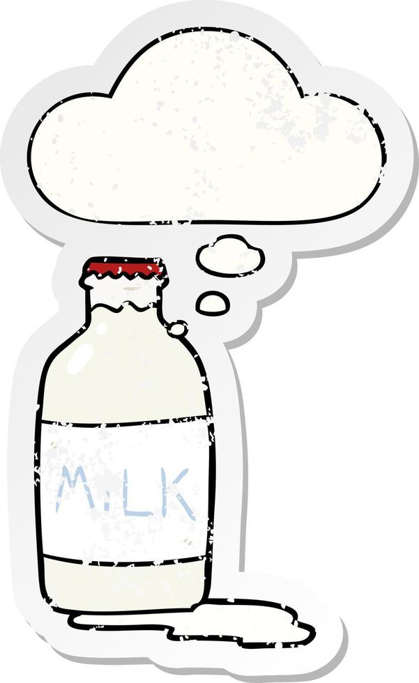 Cartoon-Milchflasche und Gedankenblase als verzweifelter, abgenutzter Aufkleber vektor
