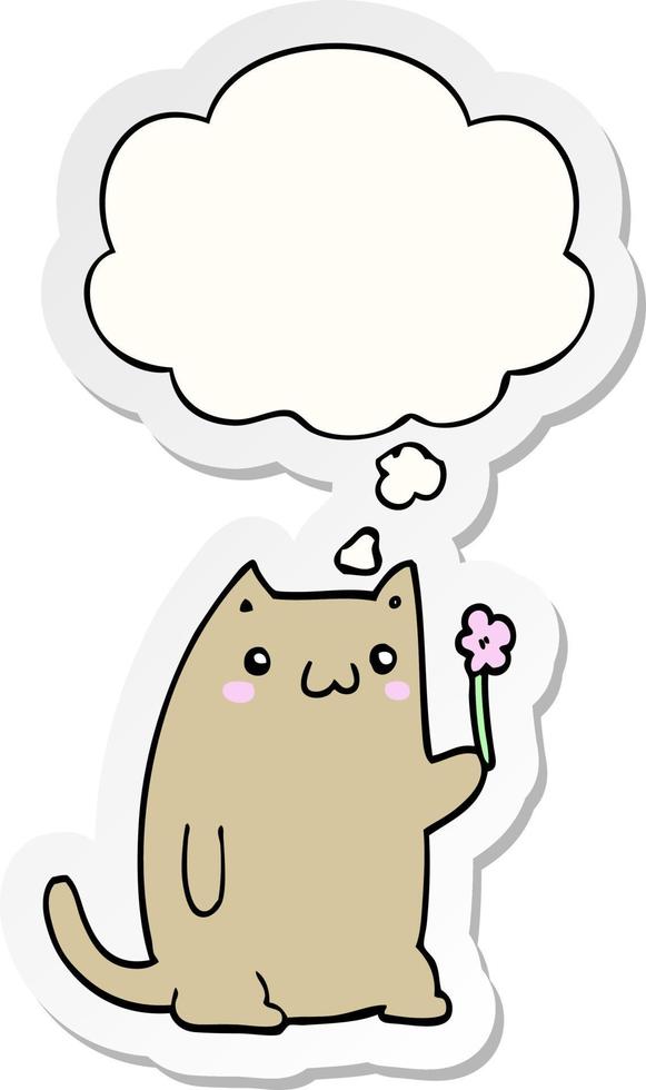 niedliche Cartoon-Katze mit Blume und Gedankenblase als bedruckter Sticker vektor