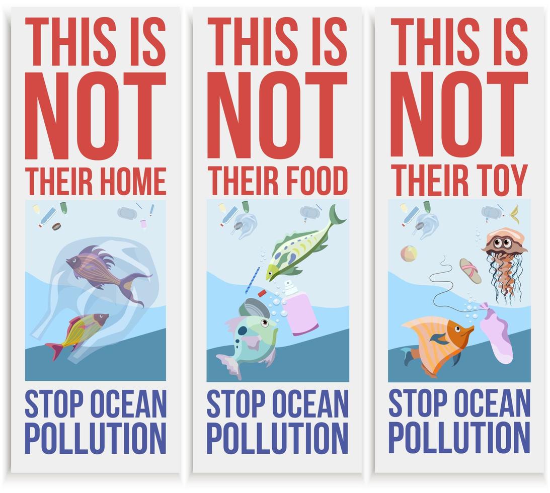 eine reihe von bannern mit themen zur ozeanverschmutzung. drei Designvorlagen für Aufkleber, Flyer etc vektor