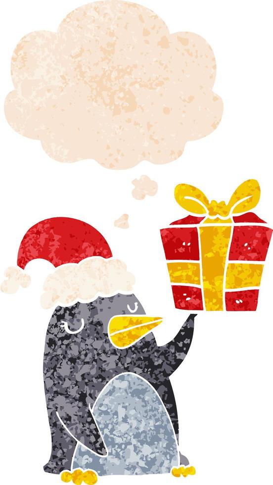 tecknad serie pingvin med jul närvarande och trodde bubbla i retro texturerad stil vektor