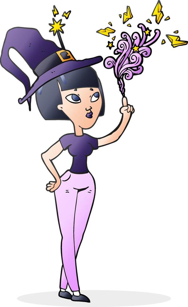 freihändig gezeichnete Cartoon-Hexe, die einen Zauberspruch ausübt vektor
