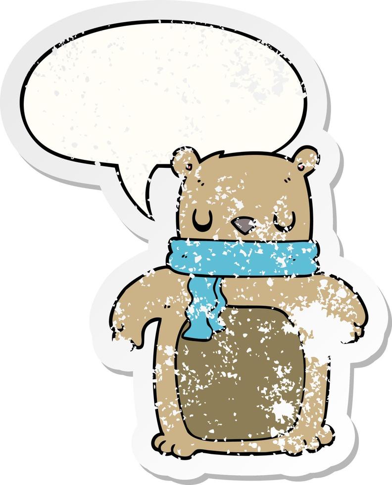 tecknad björn och halsduk och pratbubbla nödställda klistermärke vektor