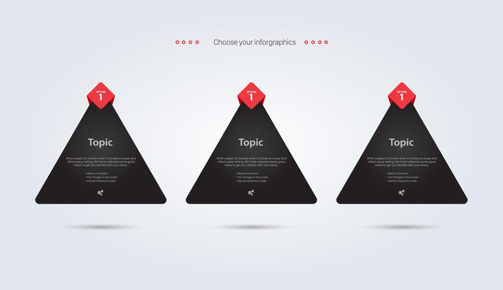 Satz von drei Bannern in Dreiecksform, Illustrationsdesign, ein Infografik-Design mit dunklen Symbolen, ein modernes Elementdesign in Dreiecksform, Verarbeitungsschritt von Workflow-Illustrationselementen vektor