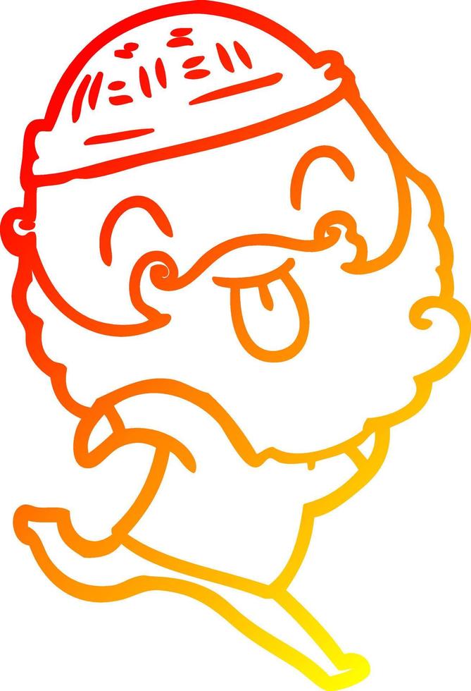 warme Farbverlaufslinie Zeichnung Laufender Mann mit Bart, der die Zunge herausstreckt vektor