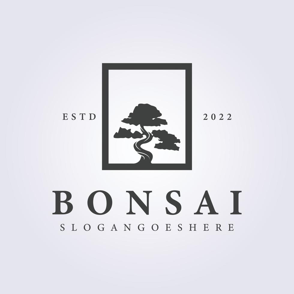 bonsai träd med retro stil i bricka logotyp vektor illustration design