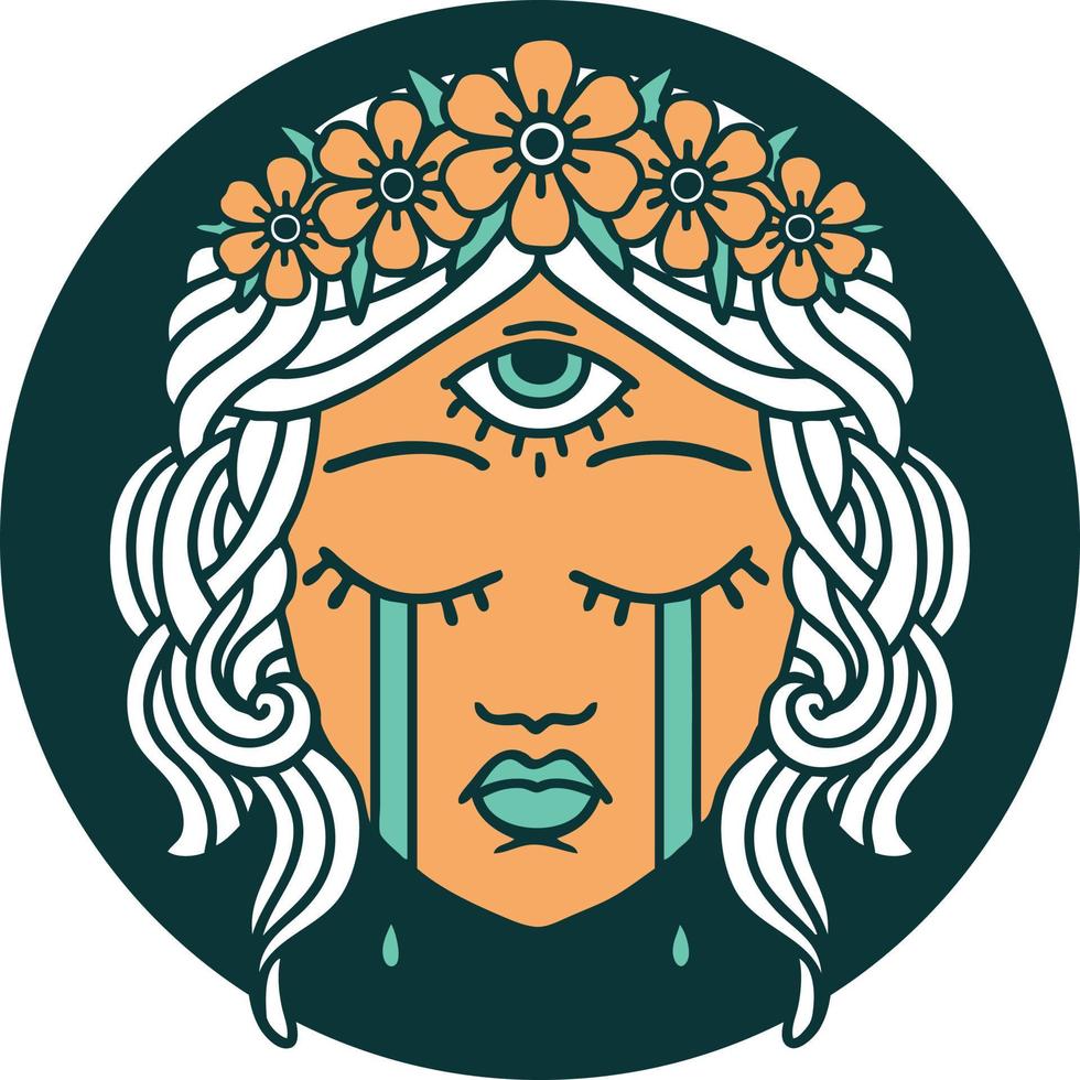 ikonisches Bild im Tattoo-Stil eines weiblichen Gesichts mit einem mystischen dritten Auge, das weint vektor