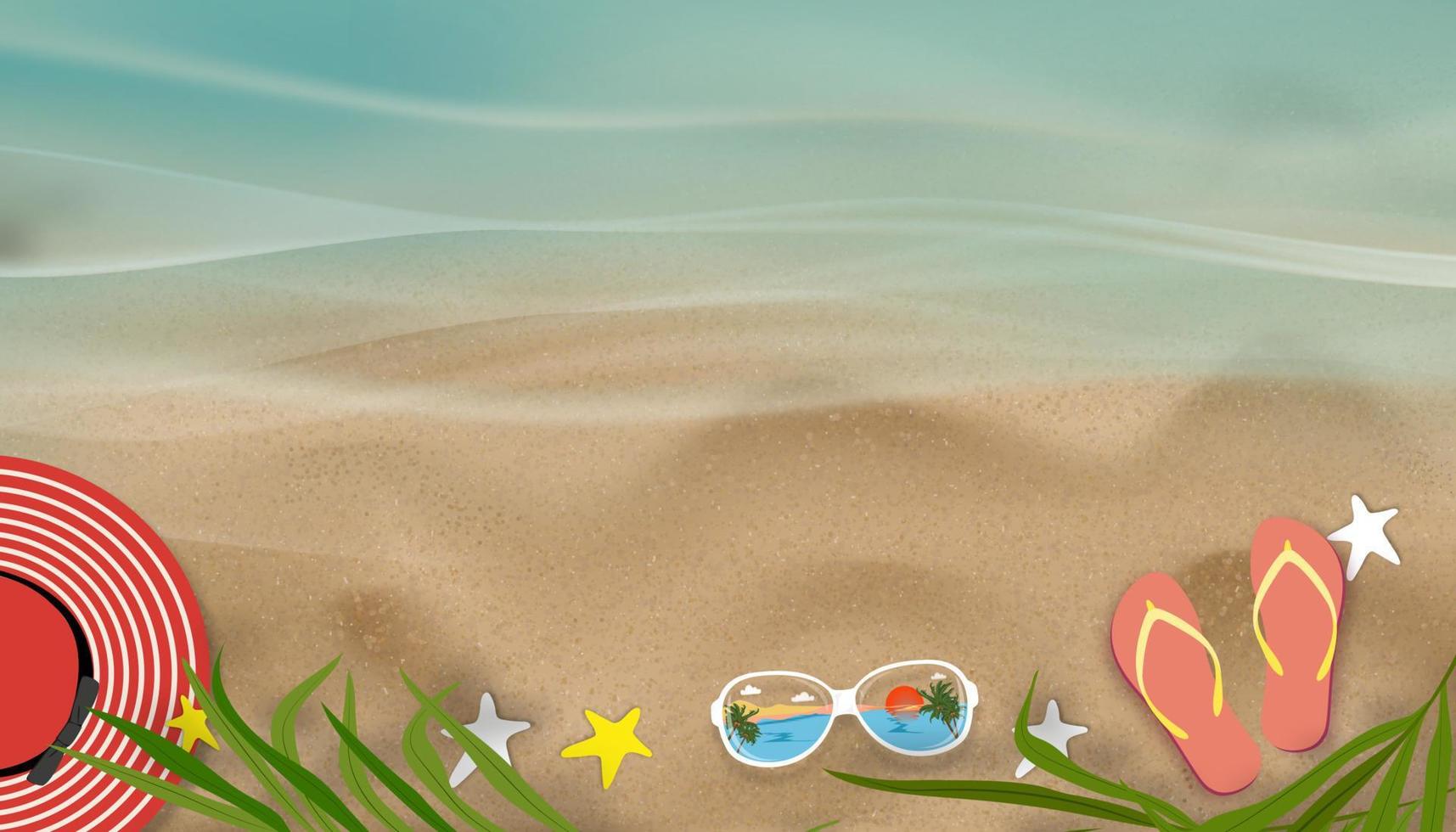 sommerhintergrund mit sandale am sandstrand, hutpalmenblattschatten, blaue ozeanwelle am sonntag, sonnenbrille und am strand, draufsichtvektorillustrationsbanner mit urlaubsferienkonzept vektor