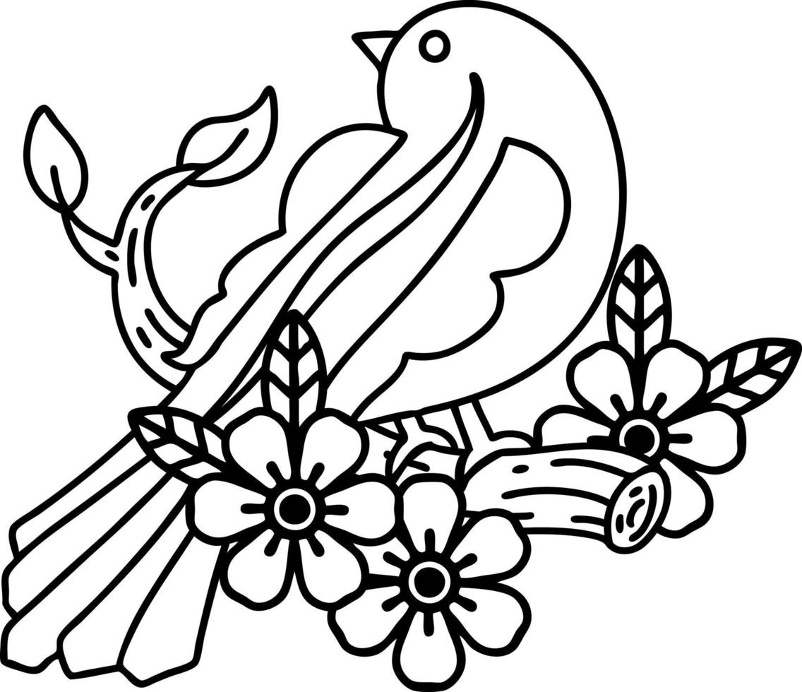 Tattoo im schwarzen Linienstil eines Vogels auf einem Ast vektor