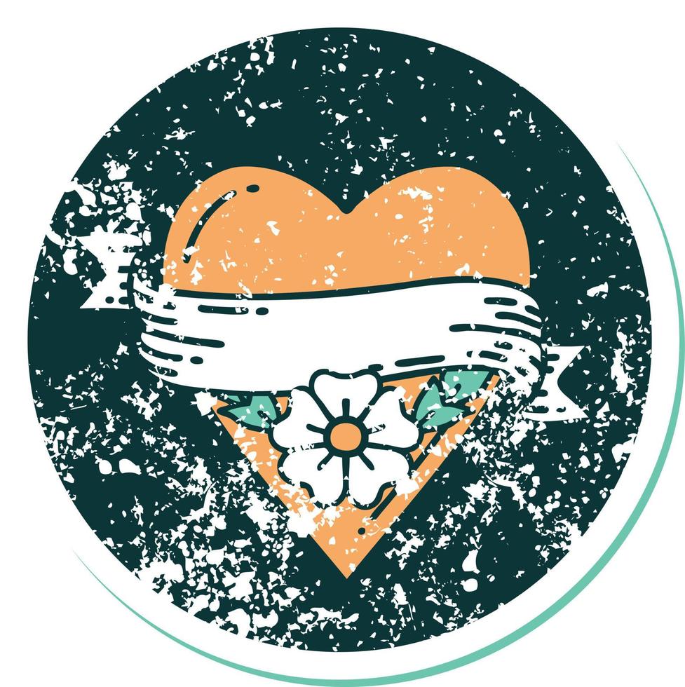 ikoniska bedrövad klistermärke tatuering stil bild av en hjärta blomma och baner vektor