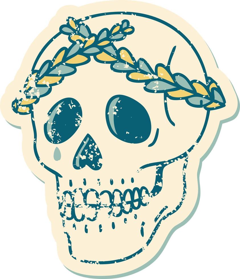 ikoniska bedrövad klistermärke tatuering stil bild av en skalle med laurel krans krona vektor